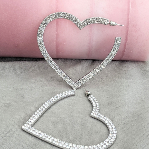 Earrings Hoop Earrings Big Hearts Shiny Crystal Rhinestone Silver Tone - Picture 8 of 12
